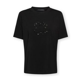 Elena Miro Tops, Dames, Zwart, 3Xl, Katoen, Katoenen T-shirt met Monogram-borduurwerk
