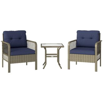 OUTSUNNY 3 Pieces Rattan Bistro Set with Tempered Glass Table Charcoal Grey | TJ Hughes