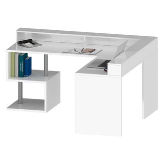 Dmora Escritorio Sansone, Escritorio De Esquina Con Estantes De Almacenamiento, Escritorio De Oficina Multiusos Con Tapa, 180x92,5h160 Cm, Blanco, Con Embal
