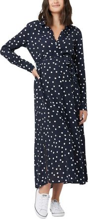 Ripe Spotted Long Sleeve Tie Waist Maternity Shirtdress in Navy at Nordstrom, Size X-Small