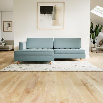 MYCS Blaues, bequemes und elegantes Ecksofa Lyvyn, 2-Sitzer, skandinavischer Stil, Holzbeine, maßgefertigt, individuell anpassbar, 162 x 77 x 216 cm, konfi