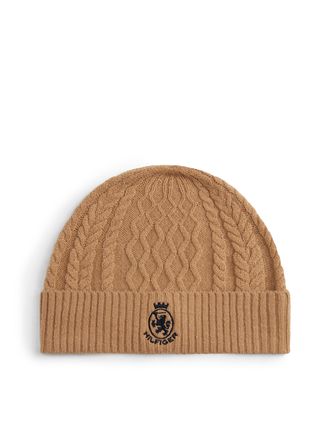 Tommy Hilfiger Beanie TOMMY HILFIGER TH CREST KNIT, Damen, timeless camel, space blau, Strick, Wollmischung, M&uuml;tzen Beanie, Zopfstrickmuster, mit TH-Wappen