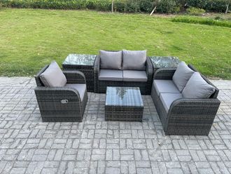 Fimous 6 Piece Garden Furniture Sets 5 Seater Outdoor Patio Furniture Set Weaving Wicker Rattan Sofa Chair & Table with 2 Side Tables in Dark Grey