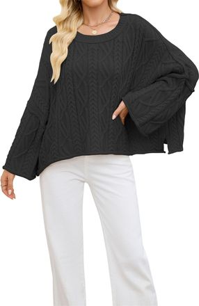 Generic Womens Cropped Sweaters Oversized Cable Knit Crewneck with Lantern Sleeves, Boxy Fall Pullover Jumper Casual Trendy Top (Black,M)