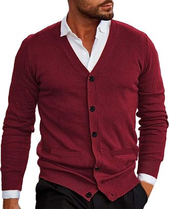 Generic Mens Knitted Cardigan | V Neck Button Jumper Plain Coloured | Long-Sleeve Cardigan Sweater for Mens | Slim Fit Solid Color Workcardigan | Warm Comfort