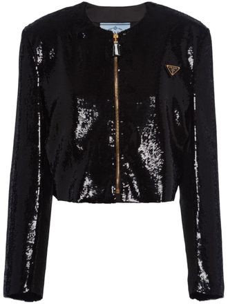 Prada sequin-embellished cropped jacket - women - Silk - 42 - Black