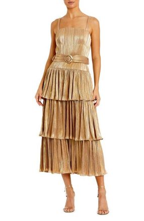 Mac Duggal Square Neck Metallic Pliss&eacute; Dress with Buckle Detail in Gold at Nordstrom, Size 8