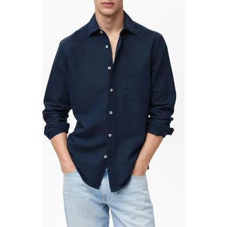 Mango Classic Fit Linen & Cotton Button-Up Shirt in Dark Navy at Nordstrom, Size Xx-Large