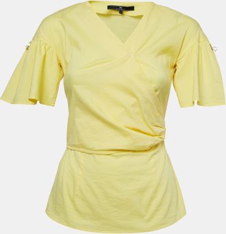 Elisabetta Franchi Yellow Stretch Cotton Flutter Sleeve Wrap Top