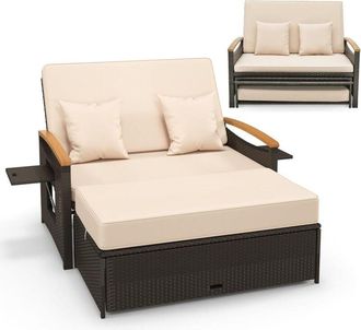 Costway Costway Sofa Exterior De Rat&aacute;n Con Reposapi&eacute;s De Almacenamiento, 2 Plazas Tumbona Acolchado, Cama Respaldo Ajustable De 4 Niveles, Bandejas Laterales 