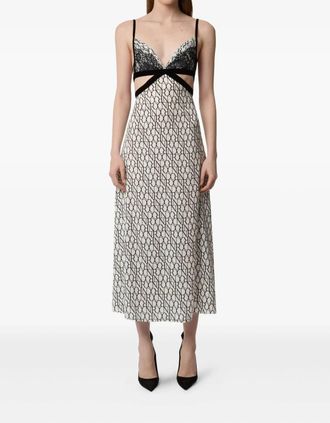 Nina Ricci All-Over Logo Print & Lace Insert Midi Dress With Fine Straps In Cream/noir