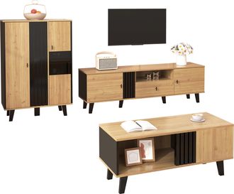 STILVORA Conjunto De Muebles De Sal&oacute;n Con 1 Mesa De Centro, 1 Mueble De Tv Y 1 Aparador Con Led, Para Sal&oacute;n, Vidrio Y Tablero De Part&iacute;culas, Negro Y Madera