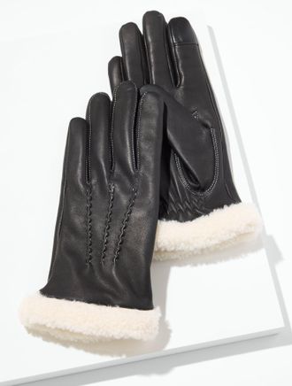 Talbots Shearling Trim Leather Gloves - Black - Medium Talbots