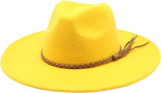 Generic Wide Brim Fedora Hat - Wool Felt Panama Cap - One Size Unisex Women Men - Braided Leather Band - Fedora Sun Hat Yellow