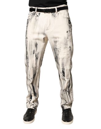Dolce & Gabbana Mens White Distressed Paint Print Loosedenim Jeans Cotton Clothing