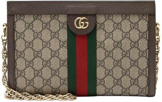 Gucci Beige, Brown GG Supreme Coated Canvas & Leather Ophidia Medium Chain Shoulder Bag (Authentic Pre-Loved)