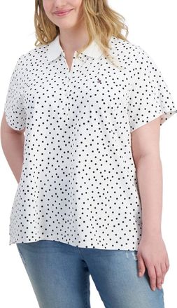 Tommy Hilfiger Polo Shirt Women White Polka Dot Short Sleeve Collared FTS13