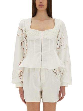 Marine Serre Fitted White Top With Square Neckline And Floral Embroidery
