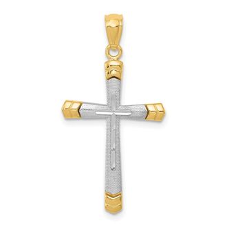 Diamond2Deal 14k Two-tone Gold Polished Diamond-Cut Cross Pendant