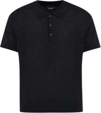 Dsquared2 Wollen poloshirt met geborduurd logo - Heren - Ronde hals truien - Zwart - M - Wol - Truien & Vesten