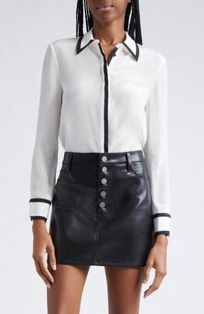 Alice & Olivia Willa Contrast Trim Silk Button-Up Top in Off White/Black at Nordstrom Rack, Size Large