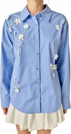 English Factory Flower Trim Striped Shirt In Powder Blue