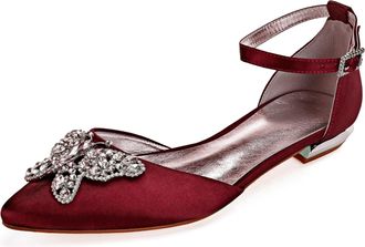 Generic Women Satin Wedding Flats Shoes Pointed Toe Prom Evening Bridal Party Dress Flats 2Cm,Burgundy,10 UK