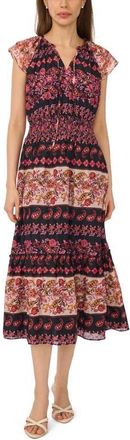 CeCe by Cynthia Steffe Print Flutter Sleeve Midi Dress in Rich Black at Nordstrom, Size Xx-Large