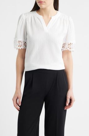 Anne Klein Lace Trim Crinkle Top in Crisp White at Nordstrom, Size X-Large