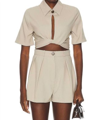 Matthew Bruch Collared Wrap Top In Taupe Seersucker