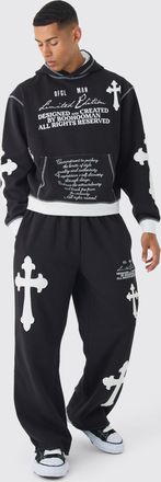 Boohooman Mens Oversized Boxy Limited Edition Cross Applique Hoodie and Jogger Tracksuit - Black Cotton - Size X-Small