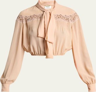 Saint Laurent Lace-Trim Silk Neck-Tie Cropped Blouse