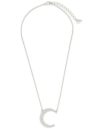 Sterling Forever CZ Stationed Crescent Pendant Necklace