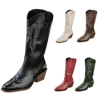 Generic Womens Western Mid-Calf Cowboy Boots with Floral Embroidered, Ladies Pointed Toe Chunky Heel Slip on Retro Tall Boots Classic Pull On Design Western F