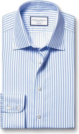 CHARLES TYRWHITT Non-Iron Twill Stripe Cotton Formal Shirt - Cornflowr Blue Single Cuff Size 15.5/33 by Charles Tyrwhitt
