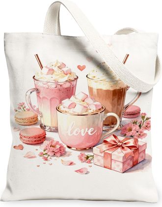 Generic Vintage Floral Canvas Tote Bags, Cute Beverages Pattern Reusable Grocery Bags, Lightweight Washable Shoulder Strap Canvas F, Peach, 13x15 Inch