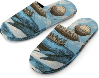 Generic Whale Airship Floating Mens Cozy Memory Foam Slippers Warm Cotton House Shoes Comfy Slipper for Indoor Outdoor