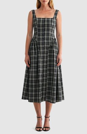 Mila Mae Plaid Square Neck Fit and Flare Midi Dress in Black Plaid at Nordstrom, Size X-Small