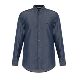 Emporio Armani Shirt met geborduurd logo - Heren - Zakelijke Overhemden - Blauw - L - Katoen - Overhemden