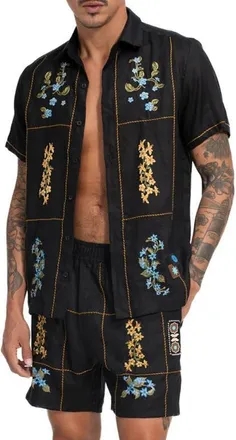 Agua Bendita Jack Linen Camp Shirt in Black Multi at Nordstrom, Size X-Large