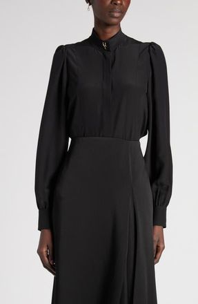 Alexander McQueen Band Collar Silk Button-Up Shirt in Black at Nordstrom, Size 40