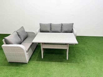 Fimous 5 Seater PE Rattan Wicker Garden Furniture Patio Conservatory Sofa Set with Rectangular Dining Table 3 Seater Sofa Love Sofa in Light Grey