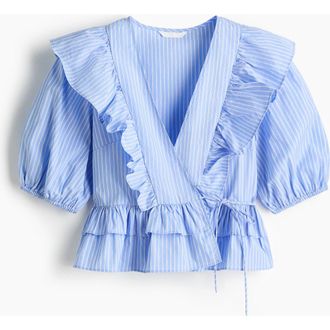 H&M Poplin Wrap Blouse in Light Blue/striped at Nordstrom, Size X-Small