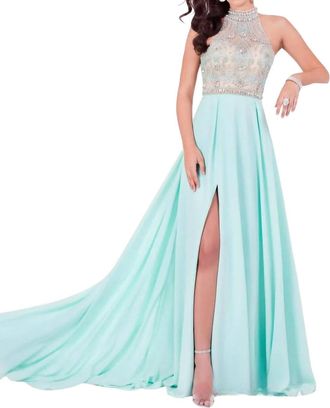 Terani Couture Halter Beaded Prom Dress In Aqua
