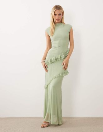 Asos Vestito lungo in rete verde salvia con sciarpa, volant e maniche ad aletta
