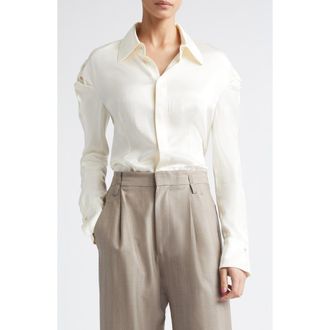 Victoria Beckham Twisted Shoulder Satin Button-Up Shirt in Ivory at Nordstrom, Size 10 Us