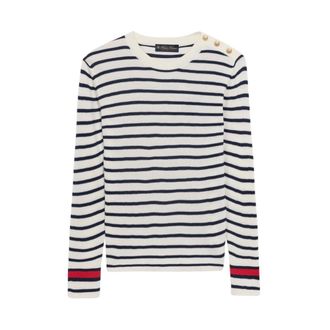 Brooks Brothers Gestreept tricot met ronde hals en logo gouden knopen - Dames - Ronde hals truien - Blauw - XS - Katoen - Truien & Vesten