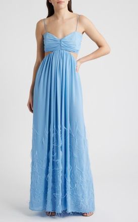 Delfi Eli Cutout Feather Trim Gown in Baby Blue at Nordstrom, Size X-Large