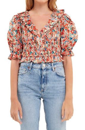 English Factory Floral Smocked Ruffle Cotton Top in Peach Multi at Nordstrom, Size Medium