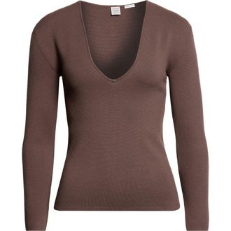 Toteme Compact Knit V-Neck Sweater in Walnut at Nordstrom, Size X-Small